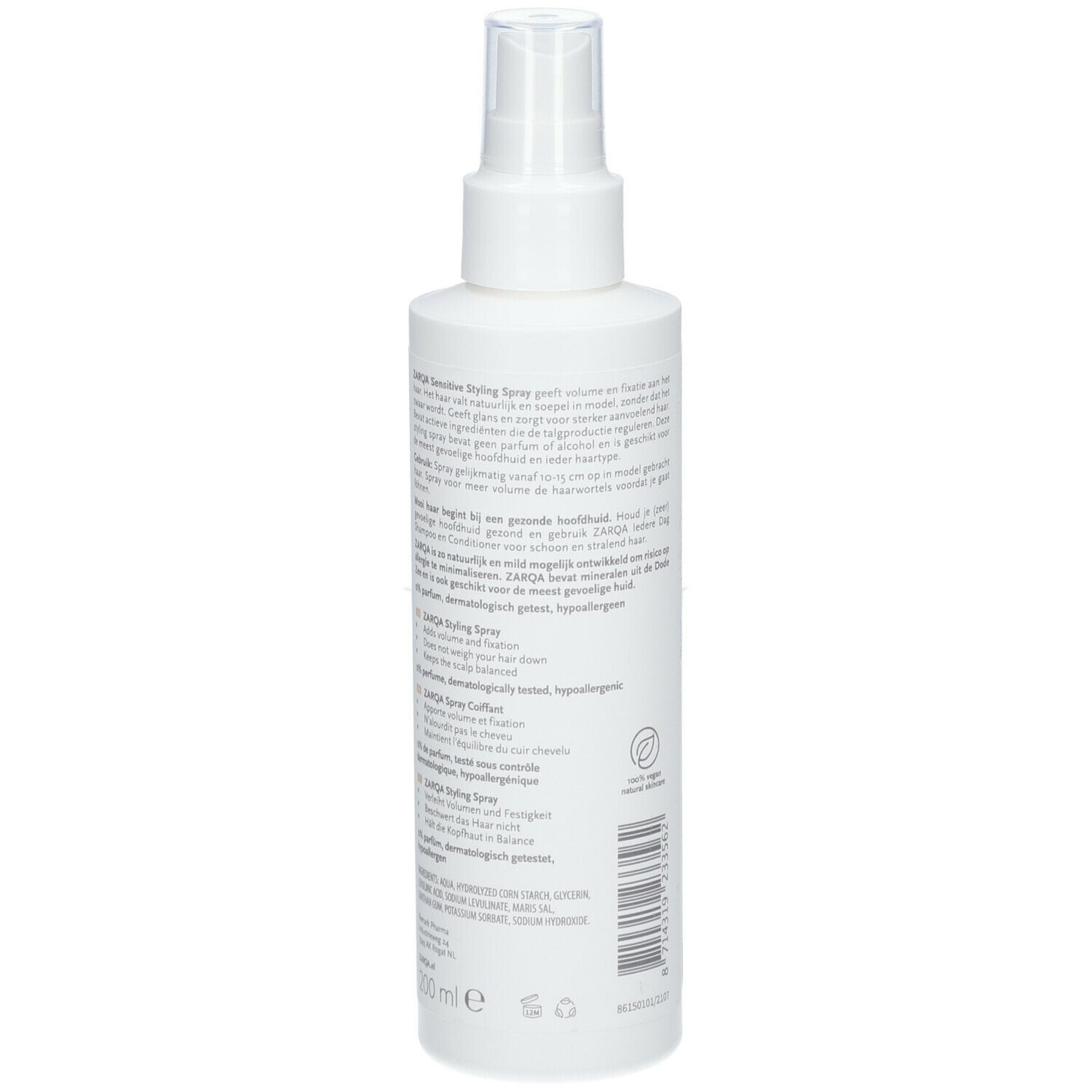 ZARQA Sensitiv-Spray Coiffant. Weiße Flasche mit Text. Vegan-Logo. 200 ml.