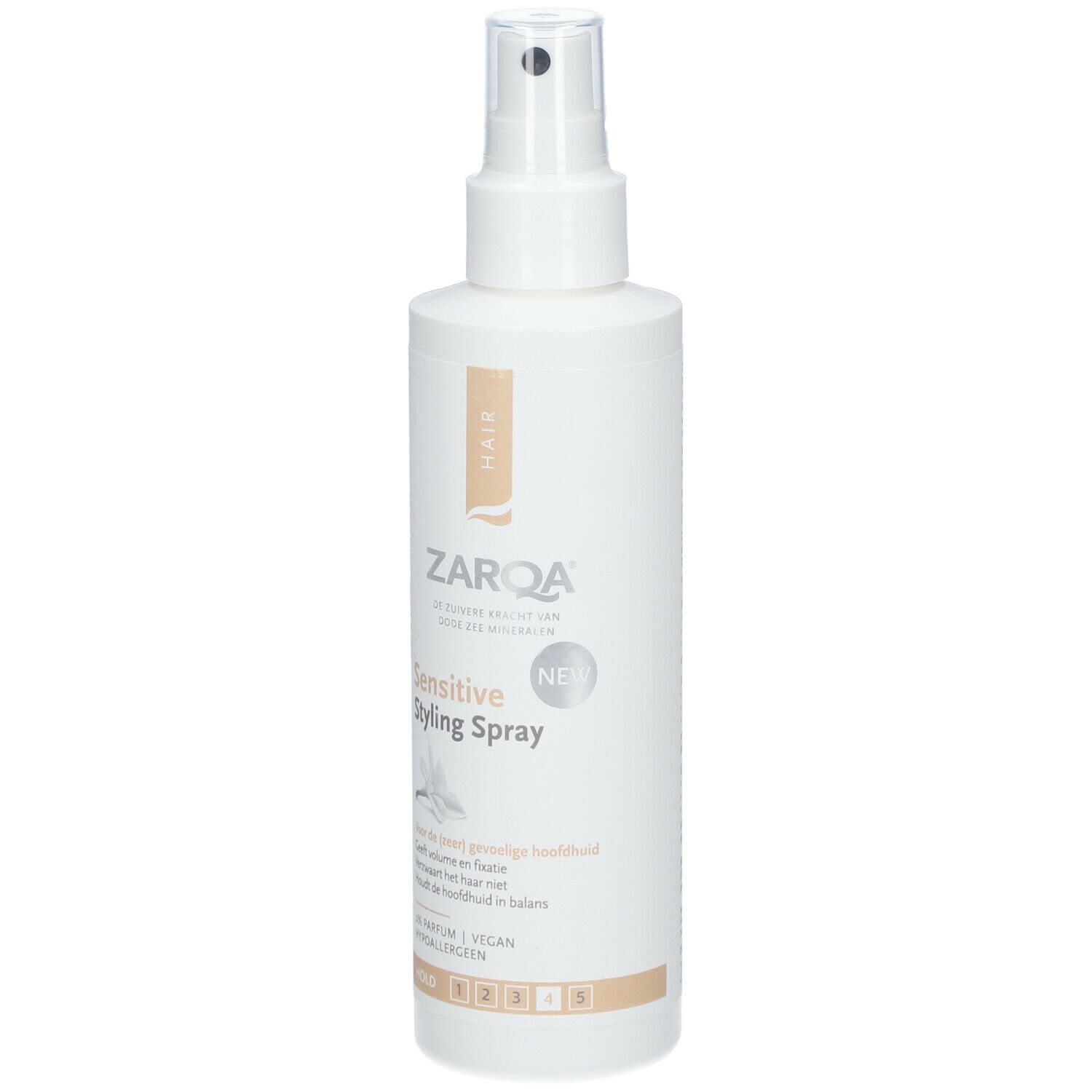 ZARQA Sensitiv-Spray Coiffant. Weiße Flasche mit Sprühkopf. Aufschrift: Sensitive Styling Spray, NEW. Vegan.