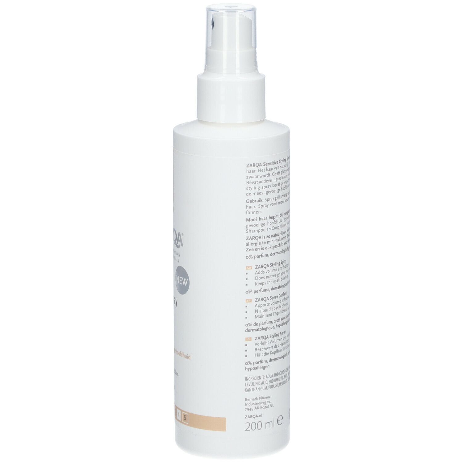 ZARQA Sensitiv-Spray Coiffant. Weiße Flasche mit Text. 200 ml. Vegan-Logo.