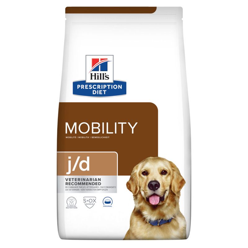 Hundefutterbeutel mit der Aufschrift "Hill's Prescription Diet j/d Mobility". Abgebildet ist ein Hund.