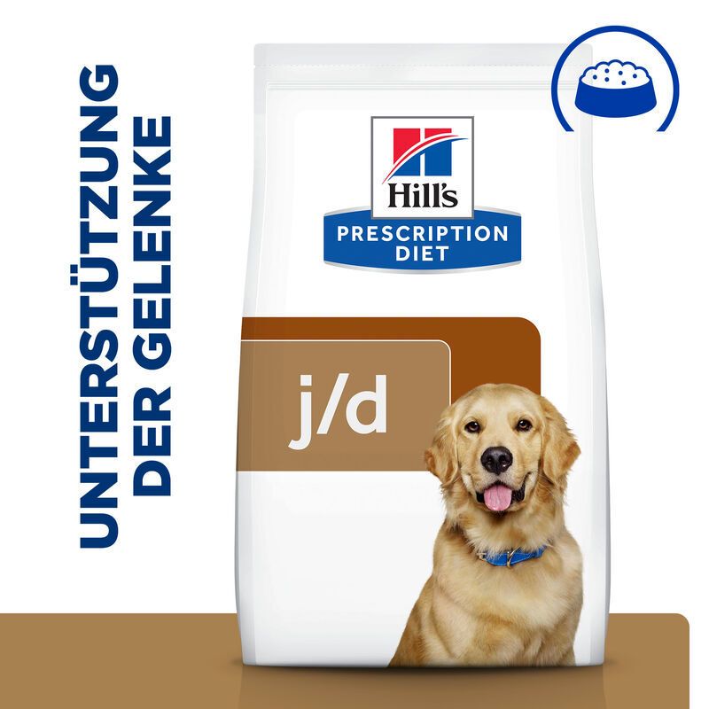 Hundefutterbeutel mit "Hill's Prescription Diet j/d". Text: Unterstützung der Gelenke. Bild eines Hundes.