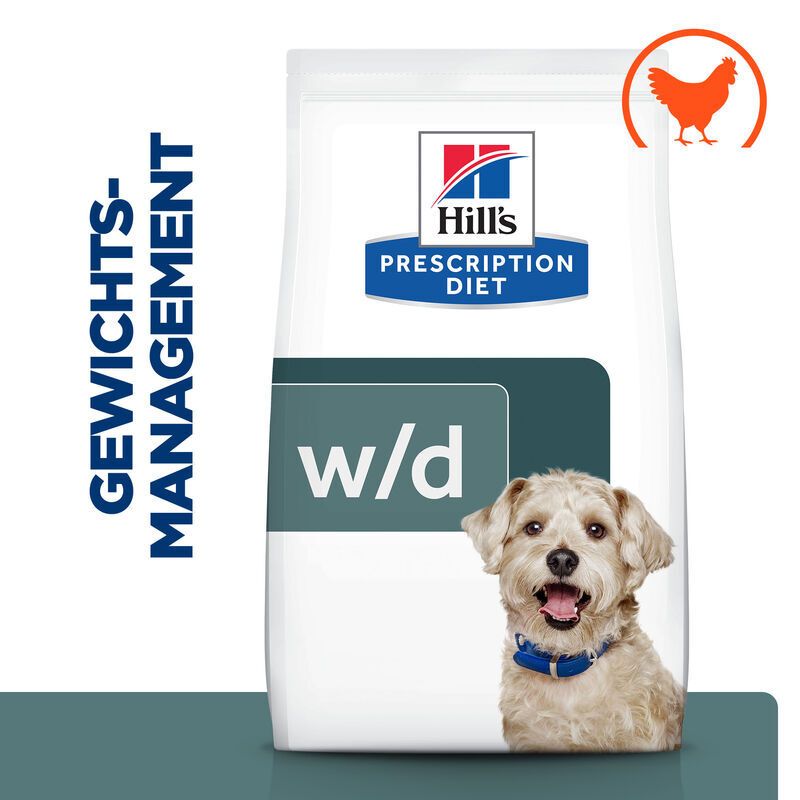 Hundefutterbeutel mit Hund. Aufschrift: Gewichtsmanagement w/d. Mit Huhn-Symbol. Hill's Prescription Diet.