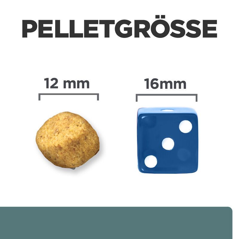 Vergleich der Pelletgröße: 12 mm Pellet und 16 mm Würfel.