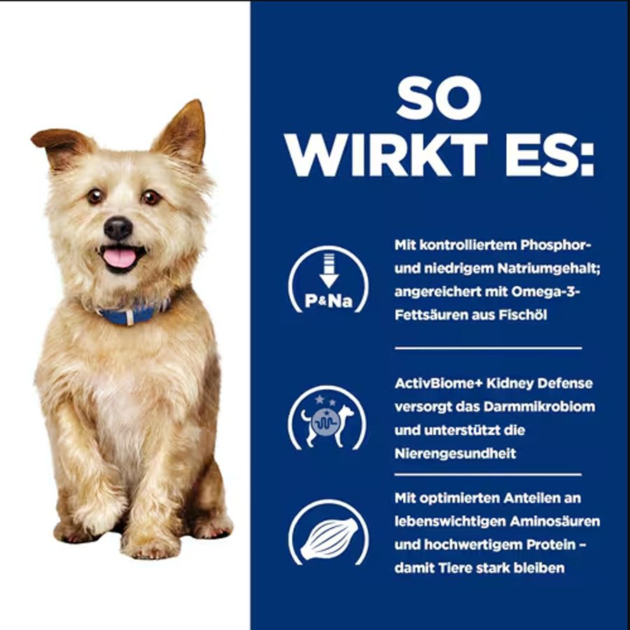 Hill's PRESCRIPTION DIET k/d Nierenpflege Chien. Text mit Icons. Kontrolliertes Phosphor, Omega-3, ActivBiome+ Kidney Defense. Hund.