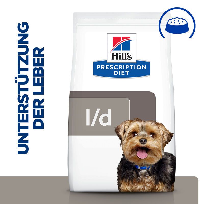 Hundefutter-Beutel mit Logo und Text. Kleiner Hund abgebildet. Text: UNTERSTÜTZUNG DER LEBER, l/d.