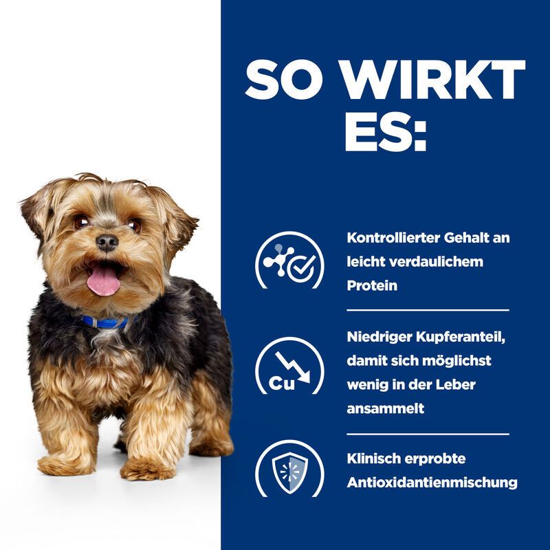 Blauer Hintergrund mit Text und Symbolen. Kleiner Hund abgebildet. Text: SO WIRKT ES: Kontrollierter Gehalt an Protein, niedriger Kupferanteil, Antioxidantienmischung.