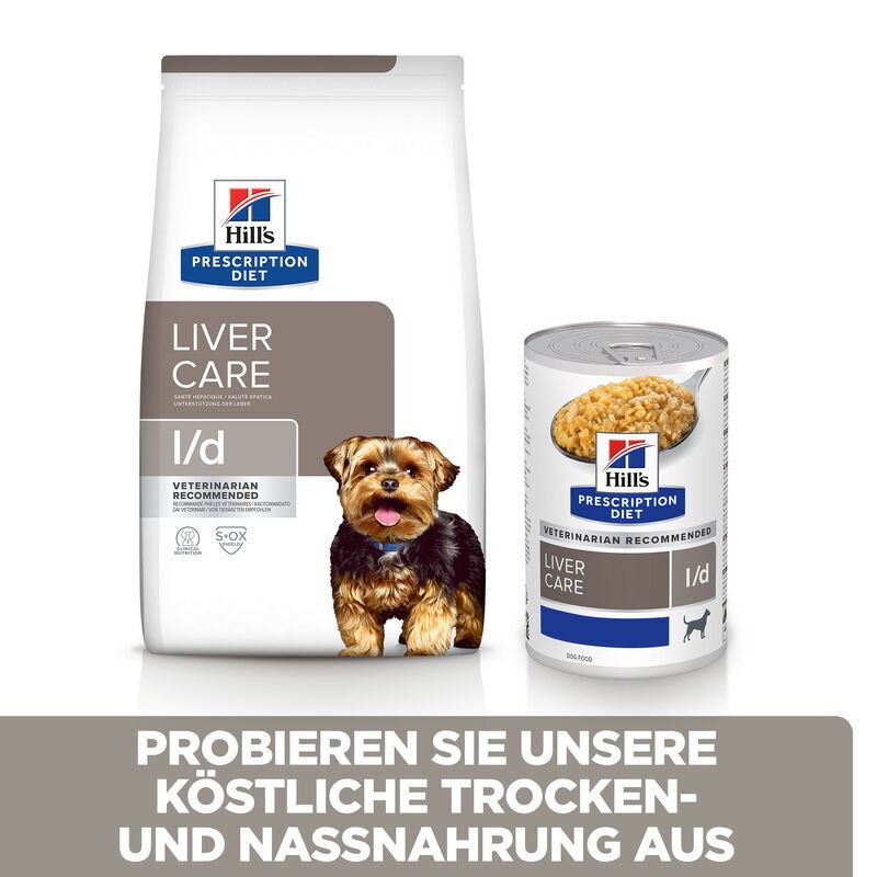 Hundefutter-Beutel und Dose. Kleiner Hund abgebildet. Text: LIVER CARE, l/d. Probieren Sie unsere köstliche Trocken- und Nassnahrung aus.