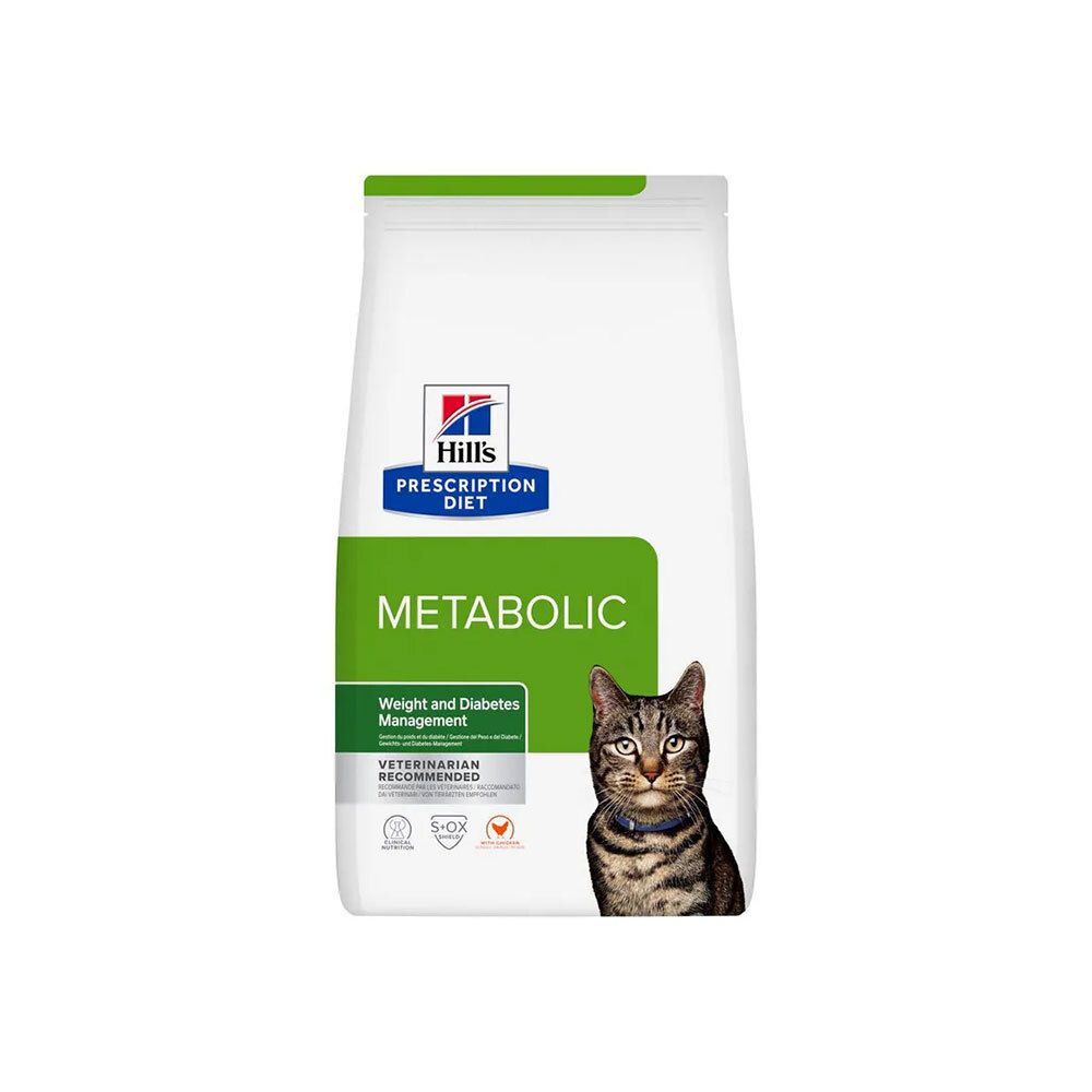 Produktverpackung. Hill's Prescription Diet Metabolic. Katze mit blauem Halsband. Gewichtsmanagement. Huhn-Symbol.