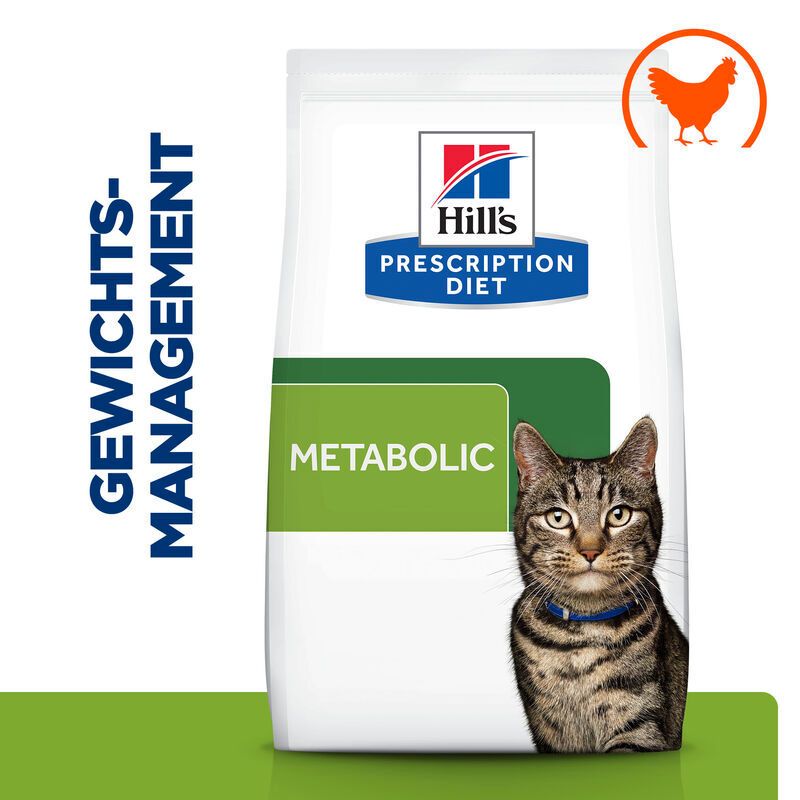 Hill's Prescription Diet Metabolic Katzenfutter. Weiße Verpackung mit grünem Feld und Katze. Text: Gewichts-Management.