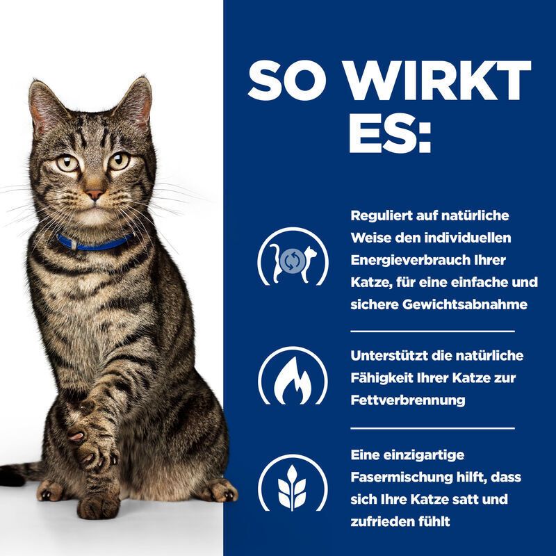 Katze mit blauem Halsband. Text: So hilft es: 88% der Tiere nahmen ab, hält Gewicht, liefert Energie, einfache Gewichtsabnahme.