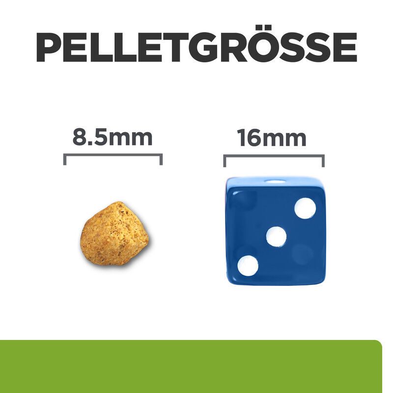 Vergleich der Pelletgröße: 8,5 mm und 16 mm. Ein Pellet und ein blauer Würfel mit weißen Punkten.
