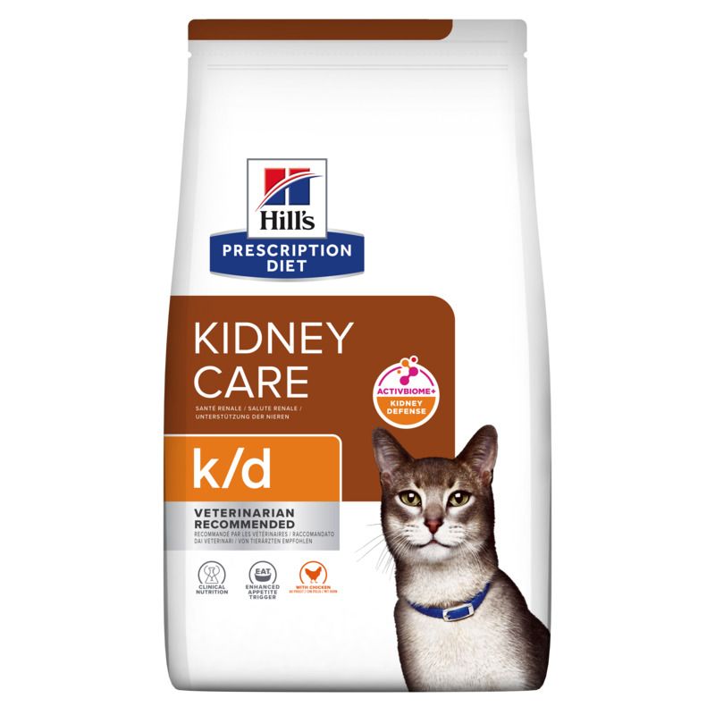 Trockenfutter-Beutel für Katzen. Aufschrift: Kidney Care, k/d, Veterinarian Recommended. Katze abgebildet.
