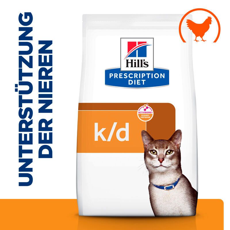 Trockenfutter-Beutel für Katzen. Aufschrift: Unterstützung der Nieren, k/d. Huhn-Symbol. Katze abgebildet.