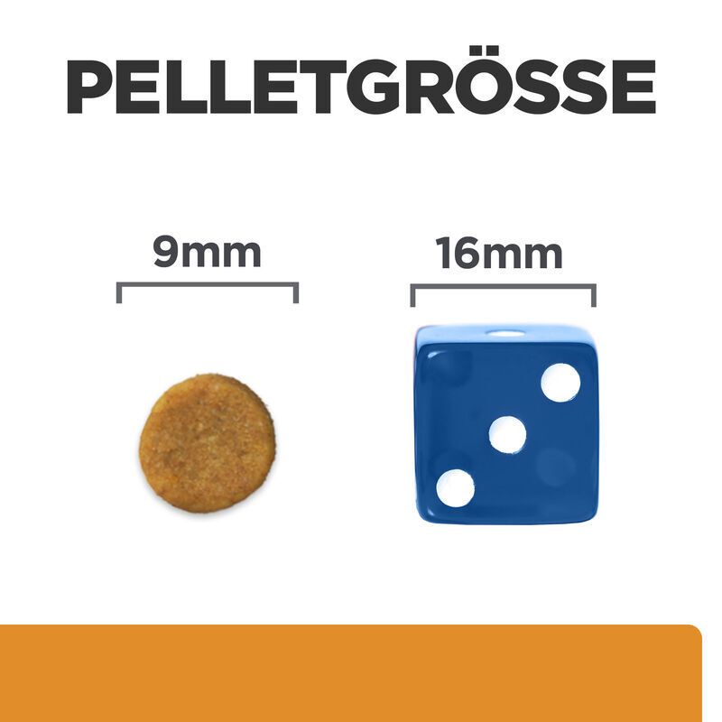 Vergleich der Pelletgrößen: 9mm und 16mm. Runde und eckige Pellets. Hintergrund orange.