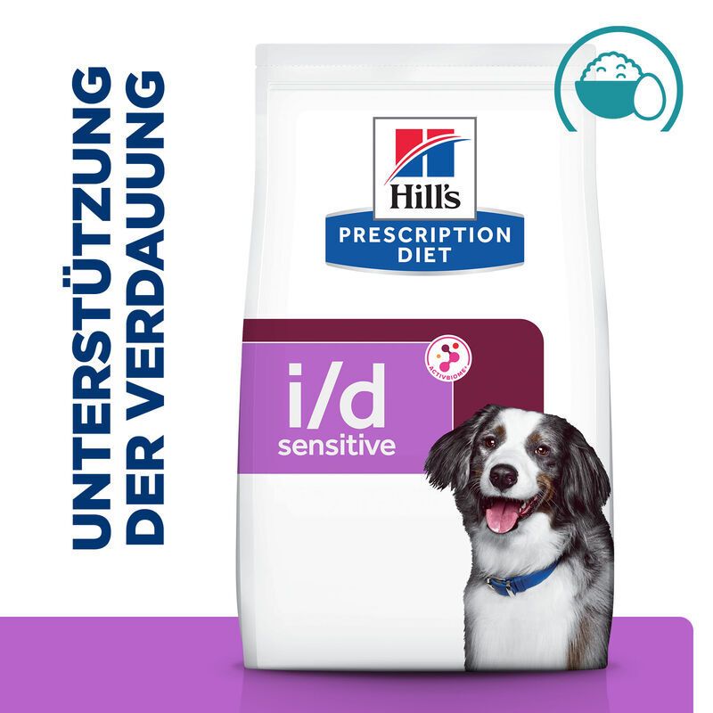 Hundefutterbeutel mit "Hill's Prescription Diet i/d Sensitive". Aufdruck: "Unterstützung der Verdauung", Hund.