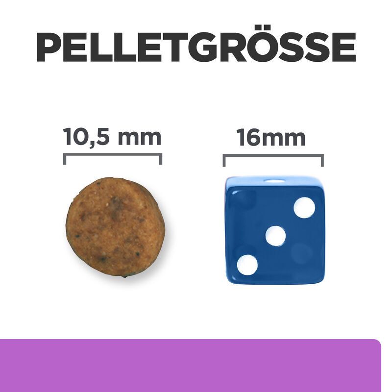 Vergleich der Pelletgrößen: 10,5 mm und 16 mm. Links: Futterpellet. Rechts: Blauer Würfel mit weißen Punkten.