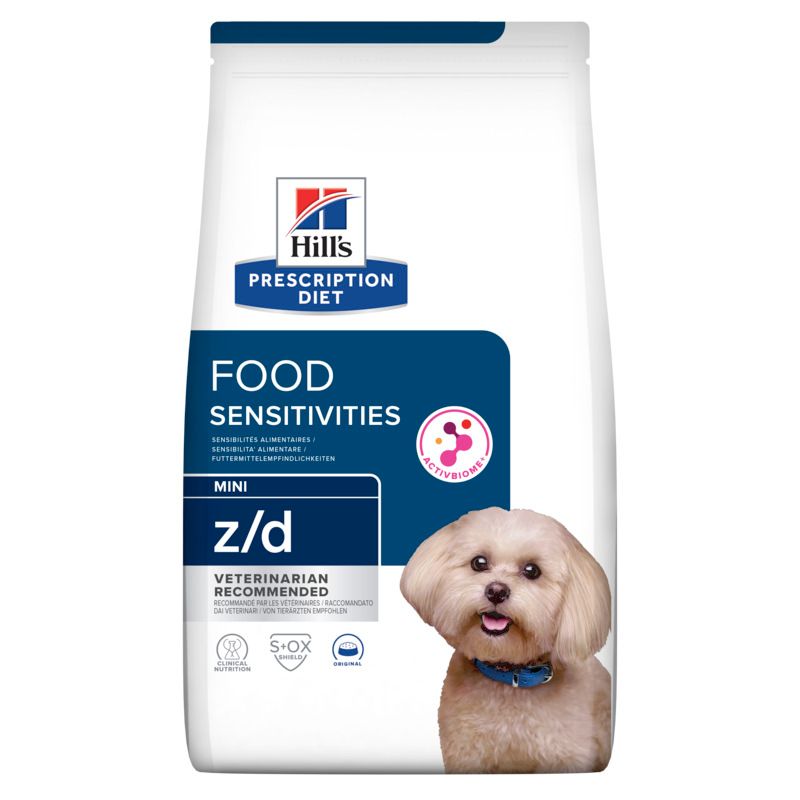 Hundefutterbeutel mit Produktinformationen und einem Hund. Aufschrift: Hill's Prescription Diet Food Sensitivities Mini z/d.