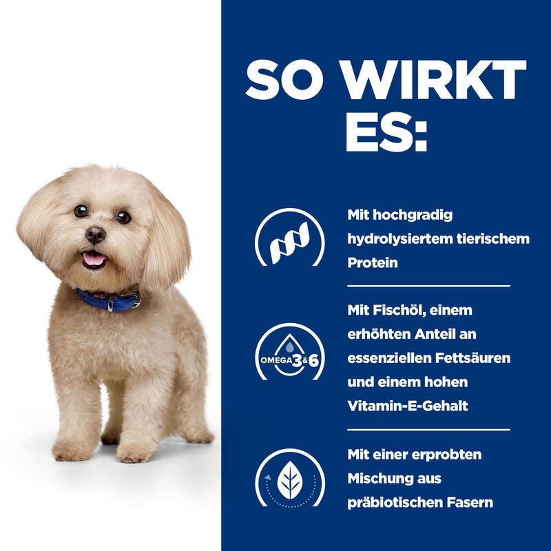 Grafik mit Informationen zur Wirkung des Hundefutters. Enthält Icons und Text über Inhaltsstoffe und Vorteile für den Hund.