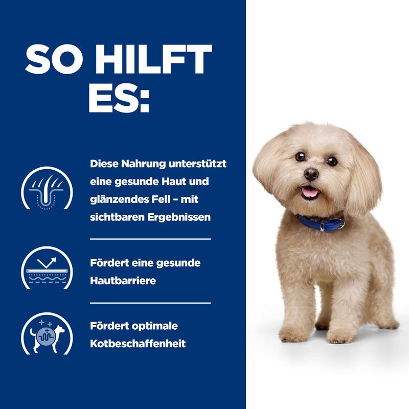 Grafik mit Informationen zur Wirkung des Hundefutters. Enthält Icons und Text über Vorteile für die Gesundheit des Hundes.