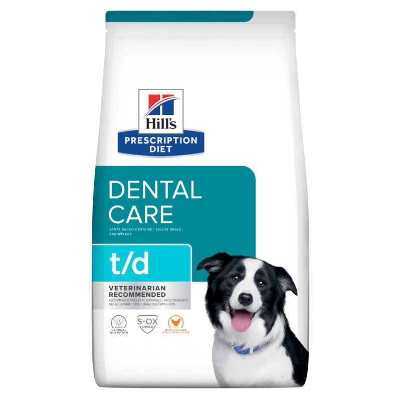 Hundefutterbeutel mit Hund. Aufschrift: Hill's Prescription Diet Dental Care t/d. Empfohlen vom Tierarzt.