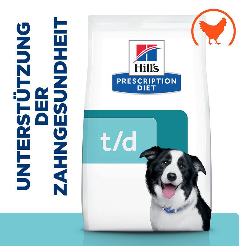 Hundefutterbeutel mit Huhn-Symbol und Hund. Aufschrift: Hill's Prescription Diet t/d. Unterstützt die Zahngesundheit.
