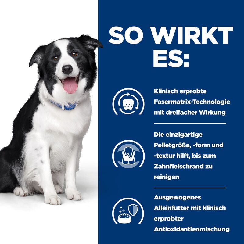 Hund mit Text: So wirkt es: Klinisch erprobte Faser-Matrix-Technologie. Einzigartige Pelletgröße. Ausgewogenes Alleinfutter.