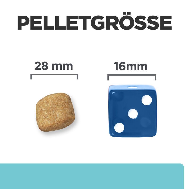 Vergleich der Pelletgrößen: 28 mm und 16 mm. Ein Pellet und ein blauer Würfel mit drei weißen Punkten.