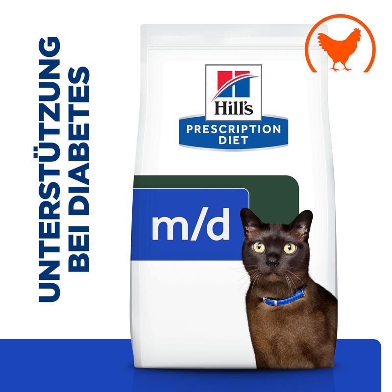Hill's Prescription Diet m/d Katzenfutter mit Huhn. Verpackung mit Katze und Huhn-Symbol. Text: Unterstützung bei Diabetes, m/d.