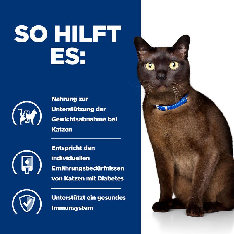Katze mit Text: So hilft es: Unterstützung Gewichtsabnahme, Ernährungsbedürfnisse Diabetes, Immunsystem.