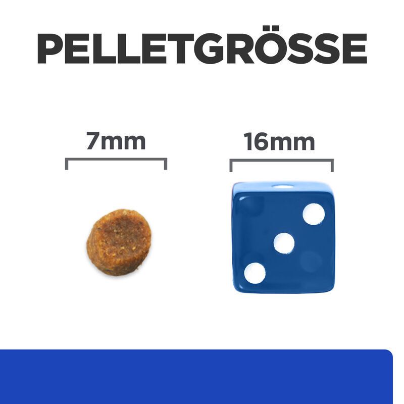 Pelletgrößen: 7mm und 16mm. Vergleich von Futterpellets und einem Würfel mit drei Punkten.