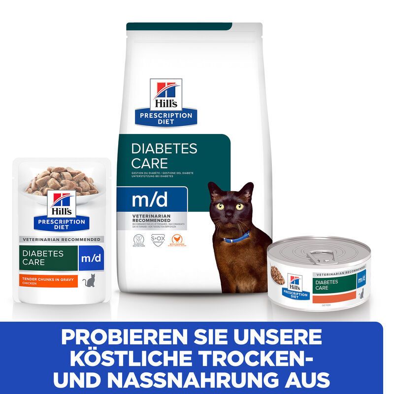 Hill's Prescription Diet m/d Katzenfutter mit Huhn. Drei Produkte: Trocken- und Nassfutter, Dose. Text: Diabetes Care.