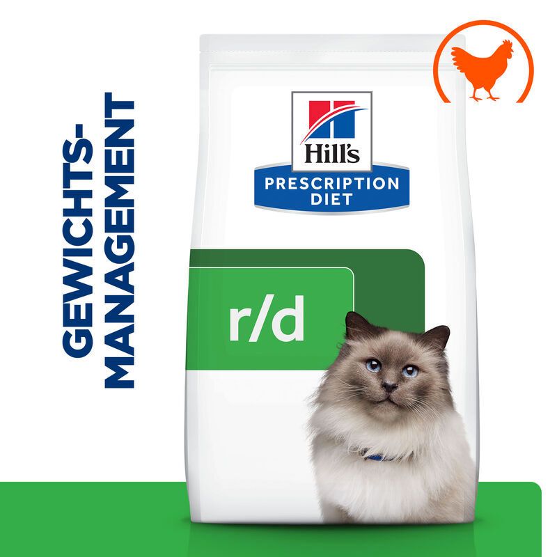 Weiße Tüte mit Hill's Prescription Diet r/d Katzenfutter. Text: Gewichtsmanagement, r/d. Oben rechts: Huhn-Symbol. Abgebildet ist eine Katze.