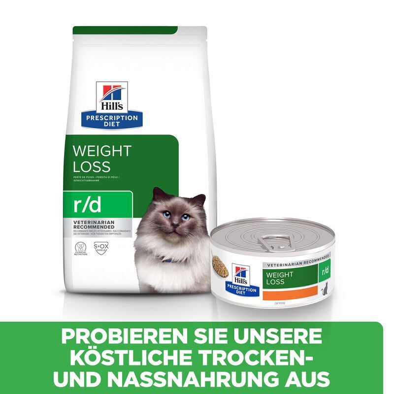 Weiße Tüte und Dose Hill's Prescription Diet r/d Katzenfutter. Text: Weight Loss, r/d, Veterinarian Recommended. Text: Probieren Sie unsere köstliche Trocken- und Nassnahrung aus.