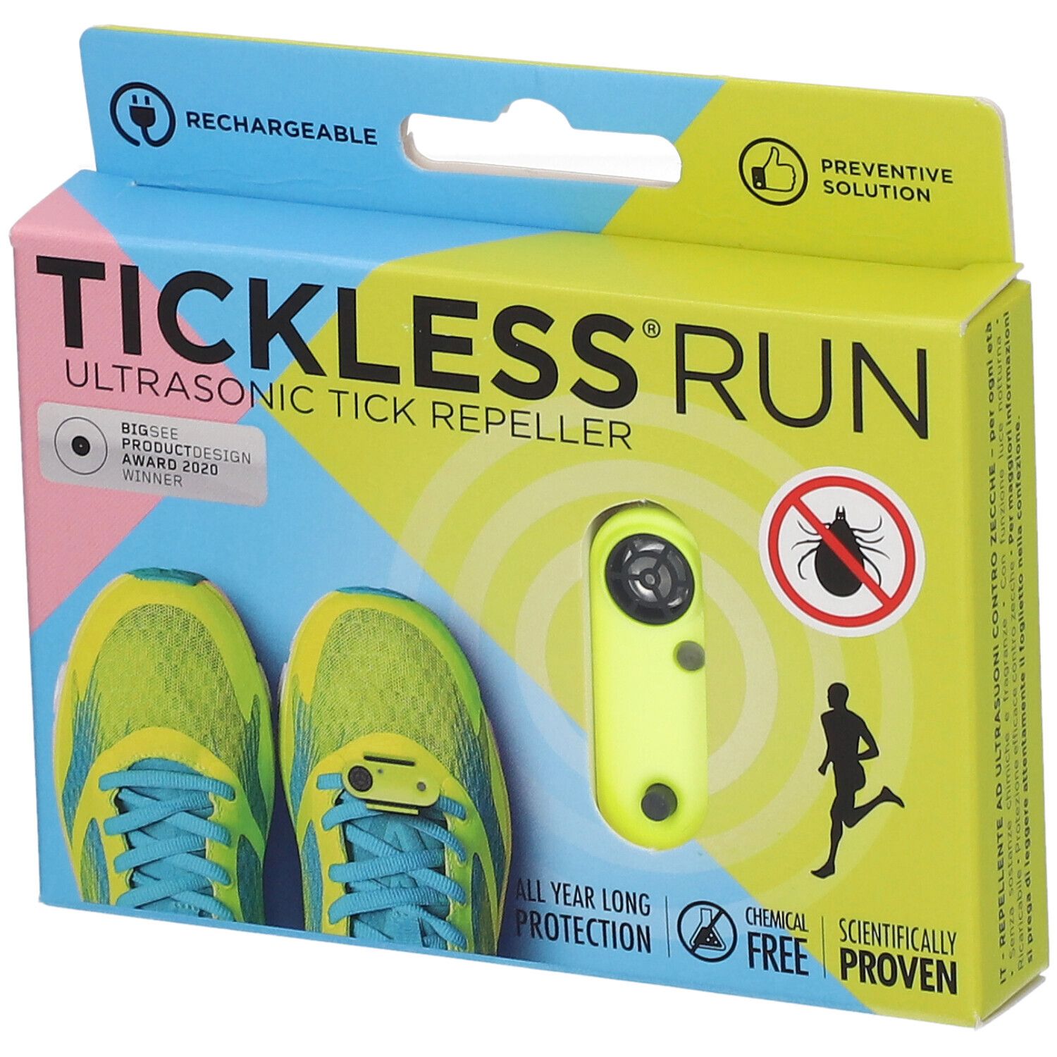 Verpackung mit Produkt. Aufschrift: TICKLESS® RUN. Ultraschall-Zeckenabwehr. Neonfarbenes Gerät. Abbildung von Laufschuhen.