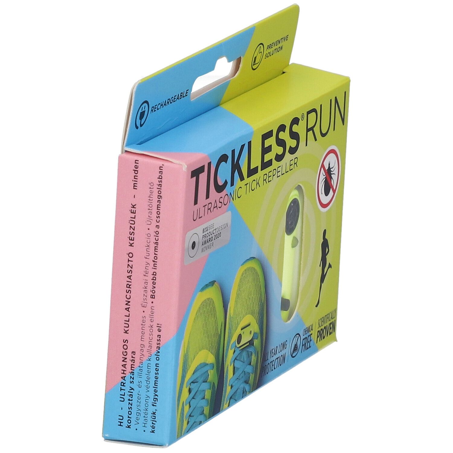 Verpackung TICKLESS® RUN. Ultraschall-Zeckenabwehr. Neonfarbenes Gerät. Abbildung von Laufschuhen. Wiederaufladbar.