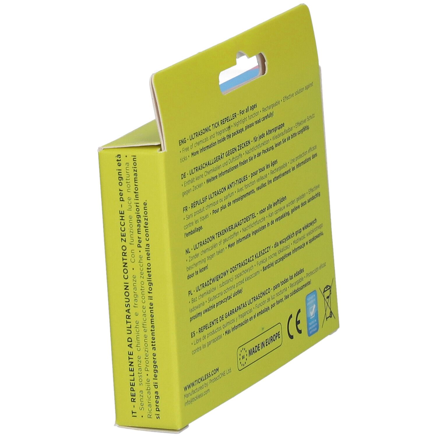Verpackung. Text in mehreren Sprachen. Informationen zum Produkt. CE-Kennzeichnung. Hergestellt in Europa. Abfallbehälter-Symbol.