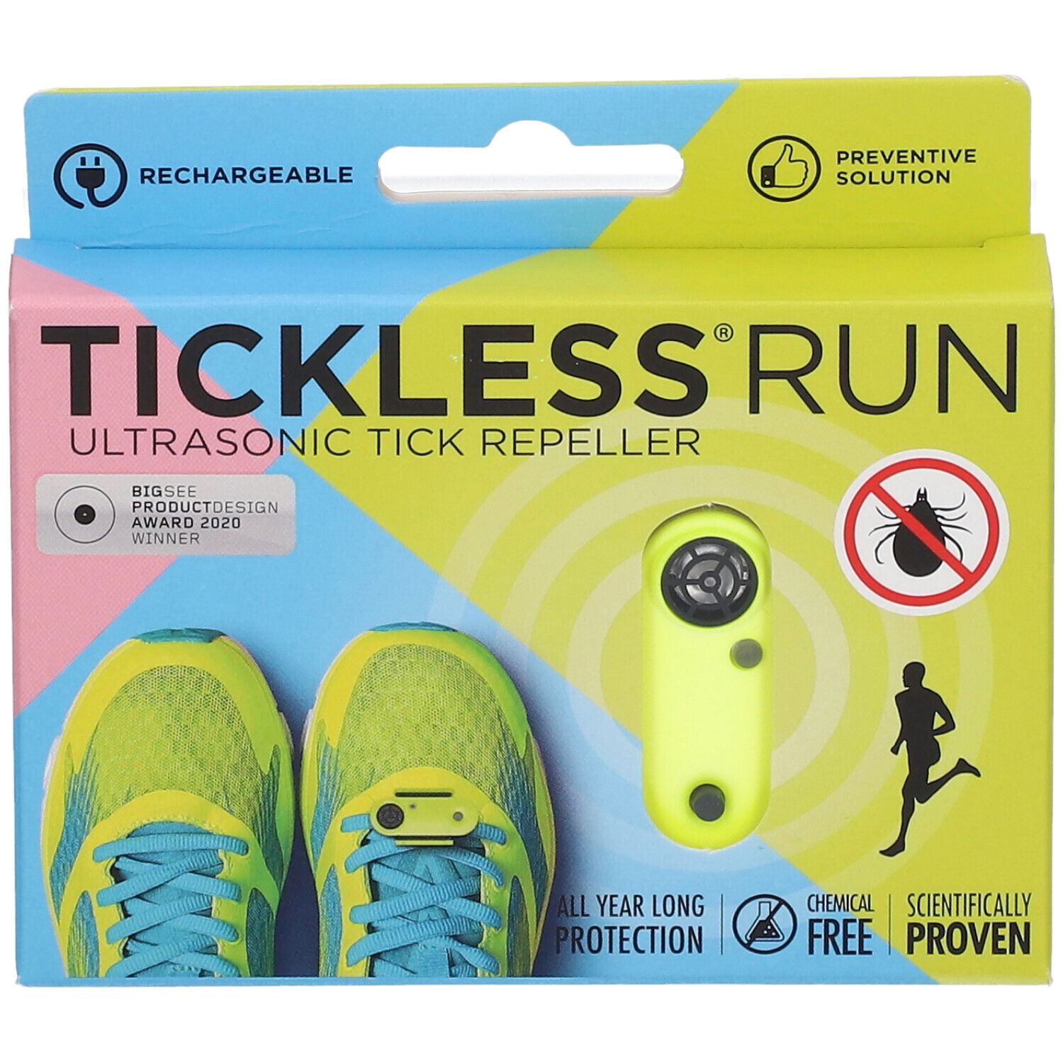 Verpackung mit Produkt. Aufschrift: TICKLESS® RUN. Ultraschall-Zeckenabwehr. Neonfarbenes Gerät. Abbildung von Laufschuhen.