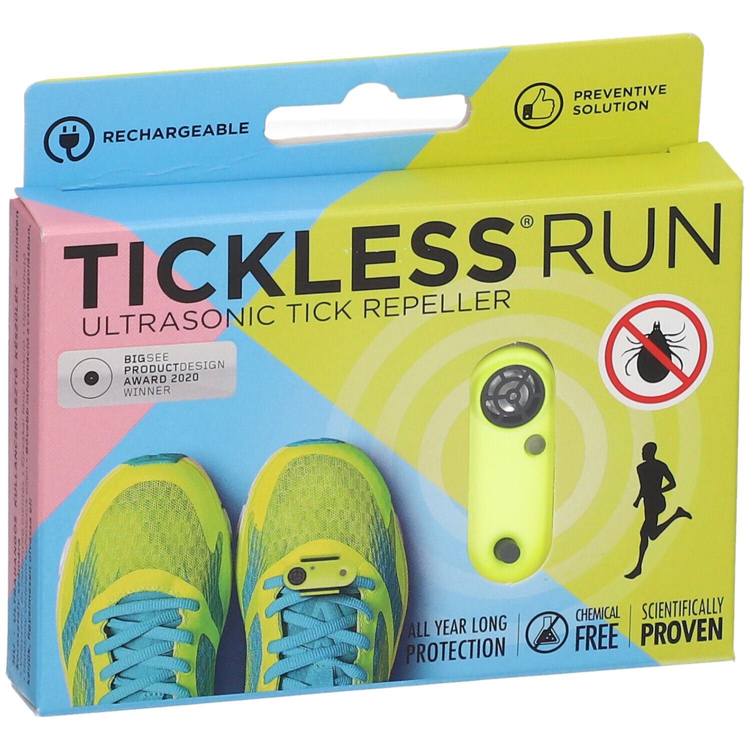 Verpackung mit Produkt. Aufschrift: TICKLESS® RUN. Ultraschall-Zeckenabwehr. Neonfarbenes Gerät. Abbildung von Laufschuhen.