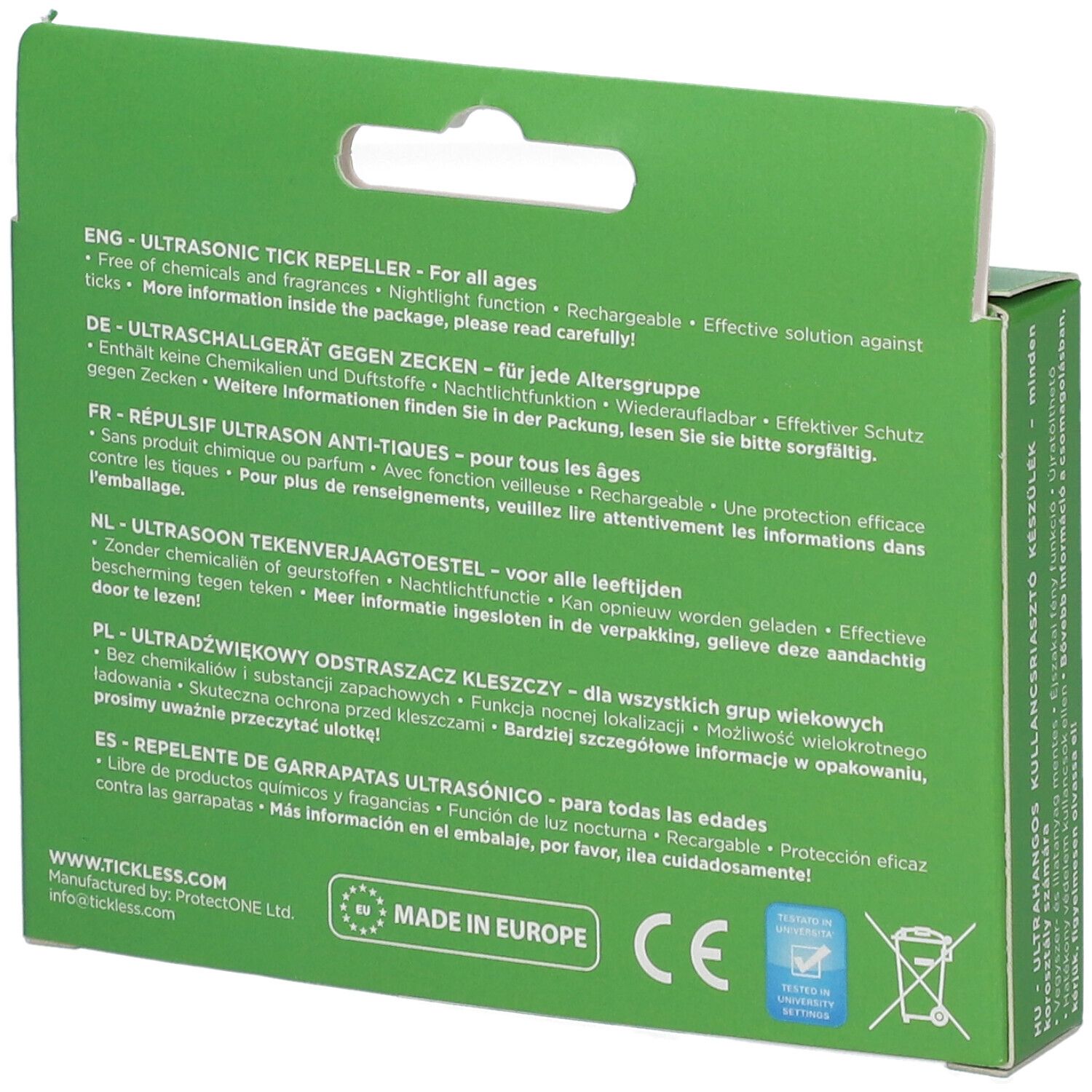 Rückseite der Verpackung des grünen Ultraschall-Zeckenabwehr mit mehrsprachigen Produktinfos.