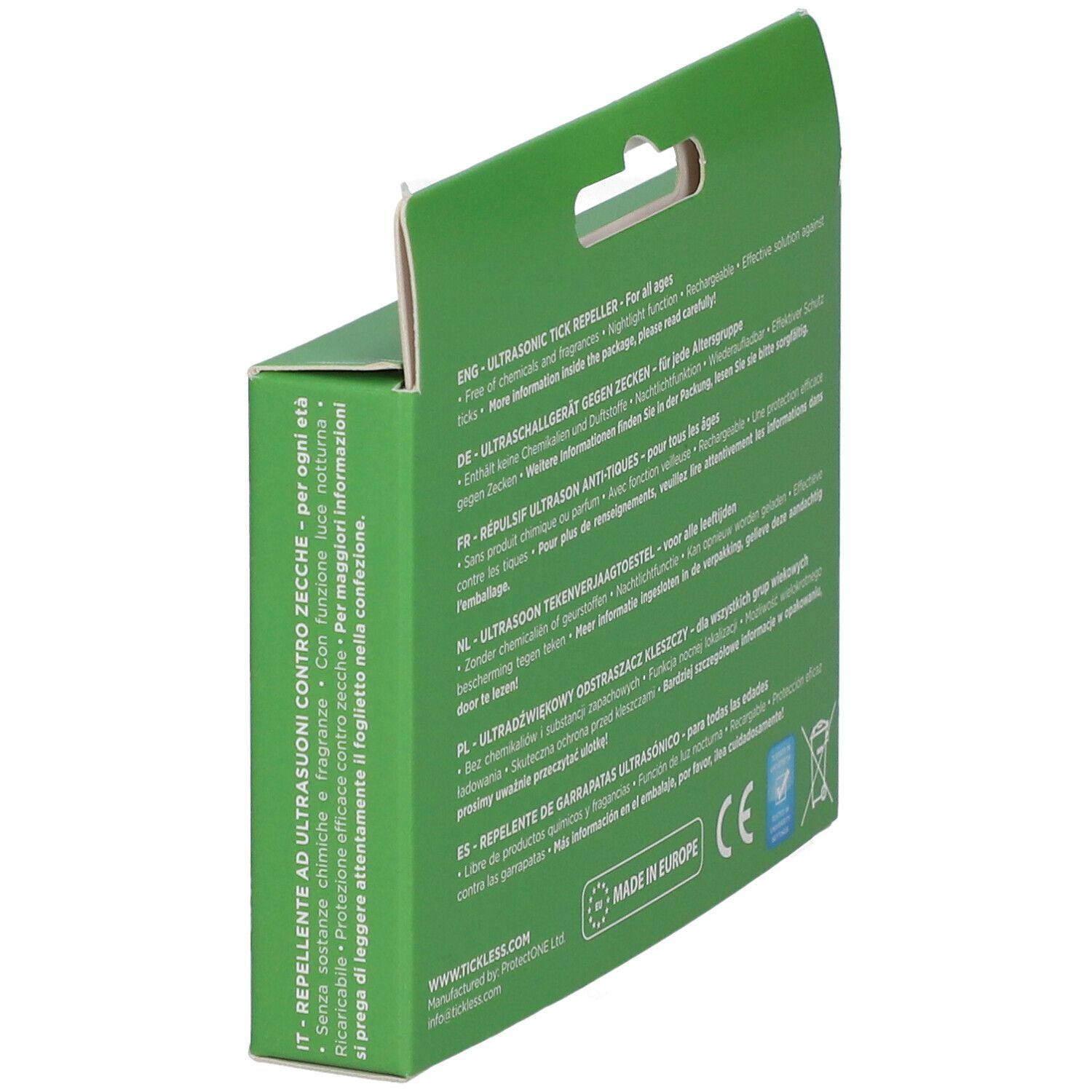 Seitenansicht der Verpackung des grünen Ultraschall-Zeckenabwehr mit mehrsprachigen Produktinfos.
