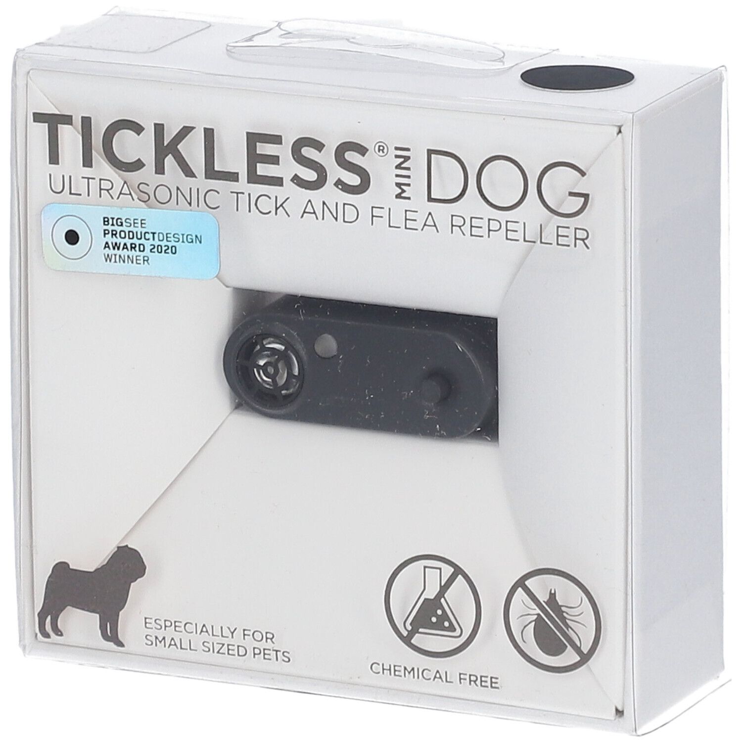 Verpackung mit Produkt. Schwarzes Gerät, sichtbar durch Fenster. Text: TICKLESS MINI DOG, Ultraschall-Zecken- und Flohschutz. Auszeichnung.