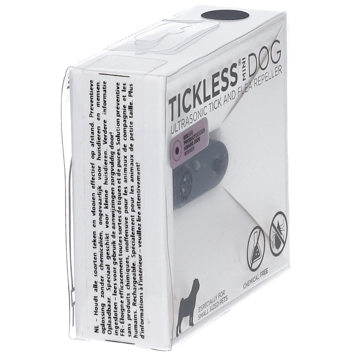 Verpackung mit Produkt. Schwarzes Gerät sichtbar durch Fenster. Text: TICKLESS MINI DOG, Ultraschall-Zecken- und Flohschutz. Mehrsprachiger Text.