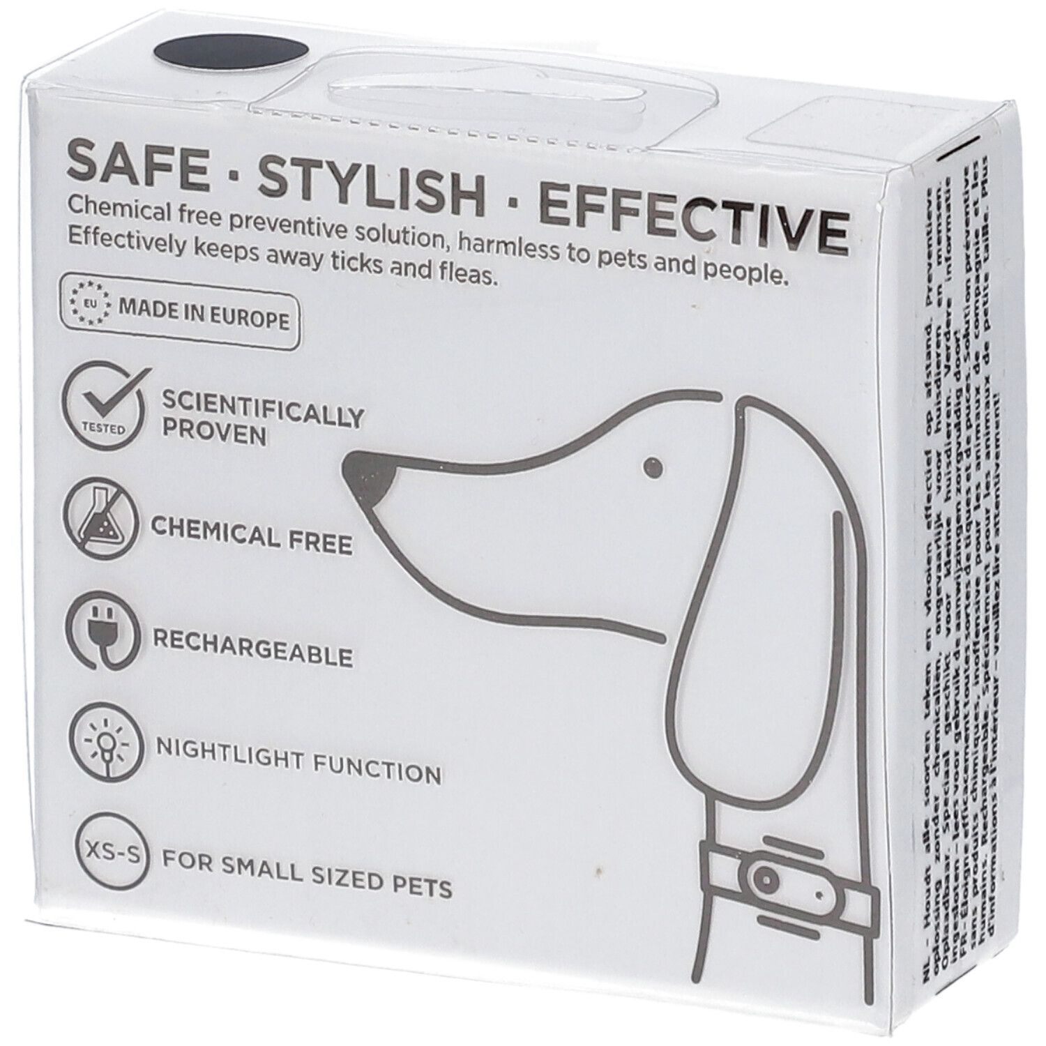 Weiße Verpackung mit Text und Symbolen. Text: SAFE, STYLISH, EFFECTIVE. Made in Europe. Wissenschaftlich geprüft. Chemikalienfrei. Wiederaufladbar.