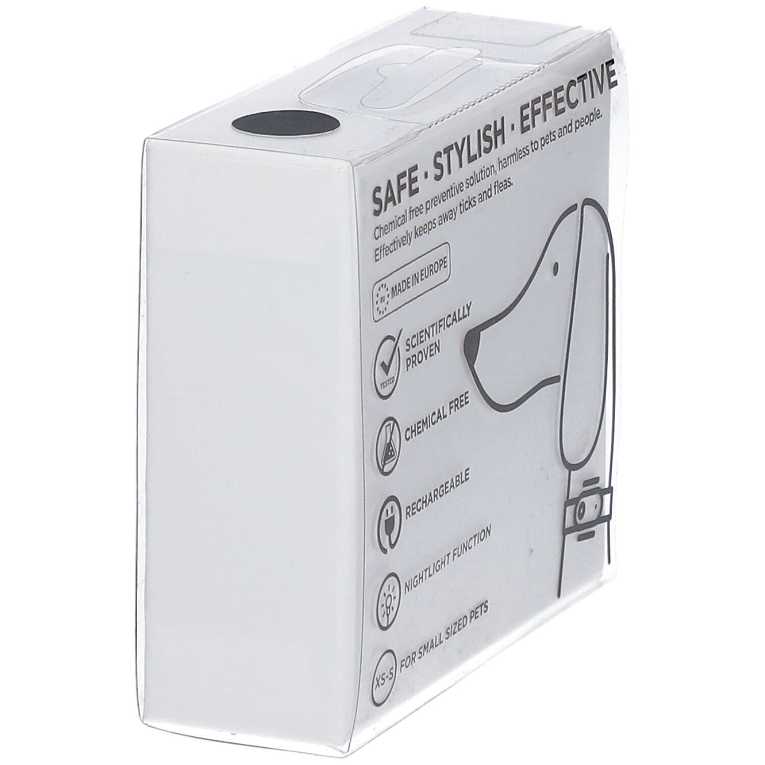 Weiße Verpackung mit Text und Symbolen. Text: SAFE, STYLISH, EFFECTIVE. Made in Europe. Wissenschaftlich geprüft. Chemikalienfrei. Wiederaufladbar.
