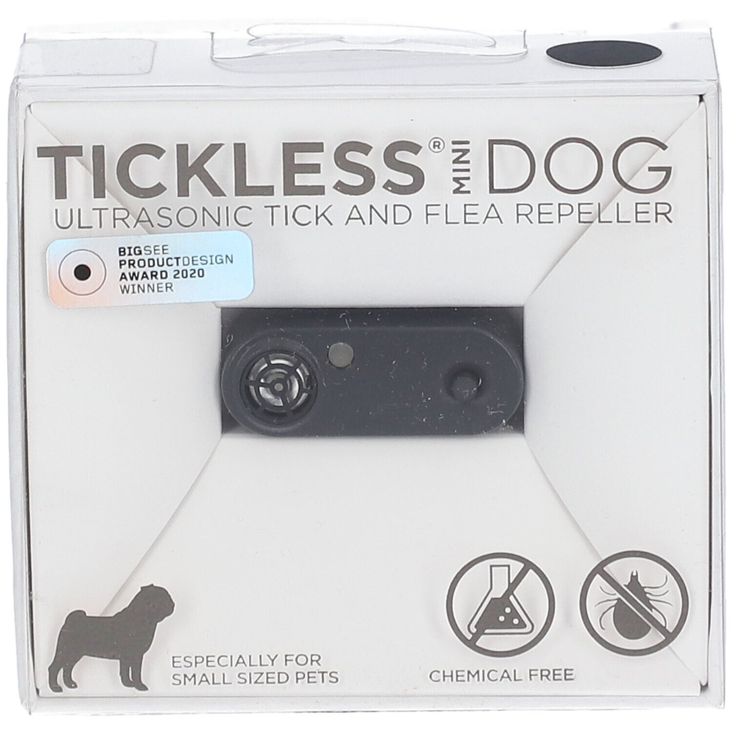 Verpackung mit Produkt. Schwarzes Gerät sichtbar durch Fenster. Text: TICKLESS MINI DOG, Ultraschall-Zecken- und Flohschutz. Auszeichnung.