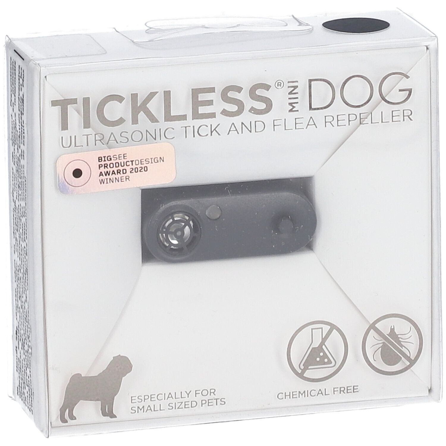 Verpackung mit Produkt. Graues Gerät sichtbar durch Fenster. Text: TICKLESS MINI DOG, Ultraschall-Zecken- und Flohschutz. Auszeichnung.