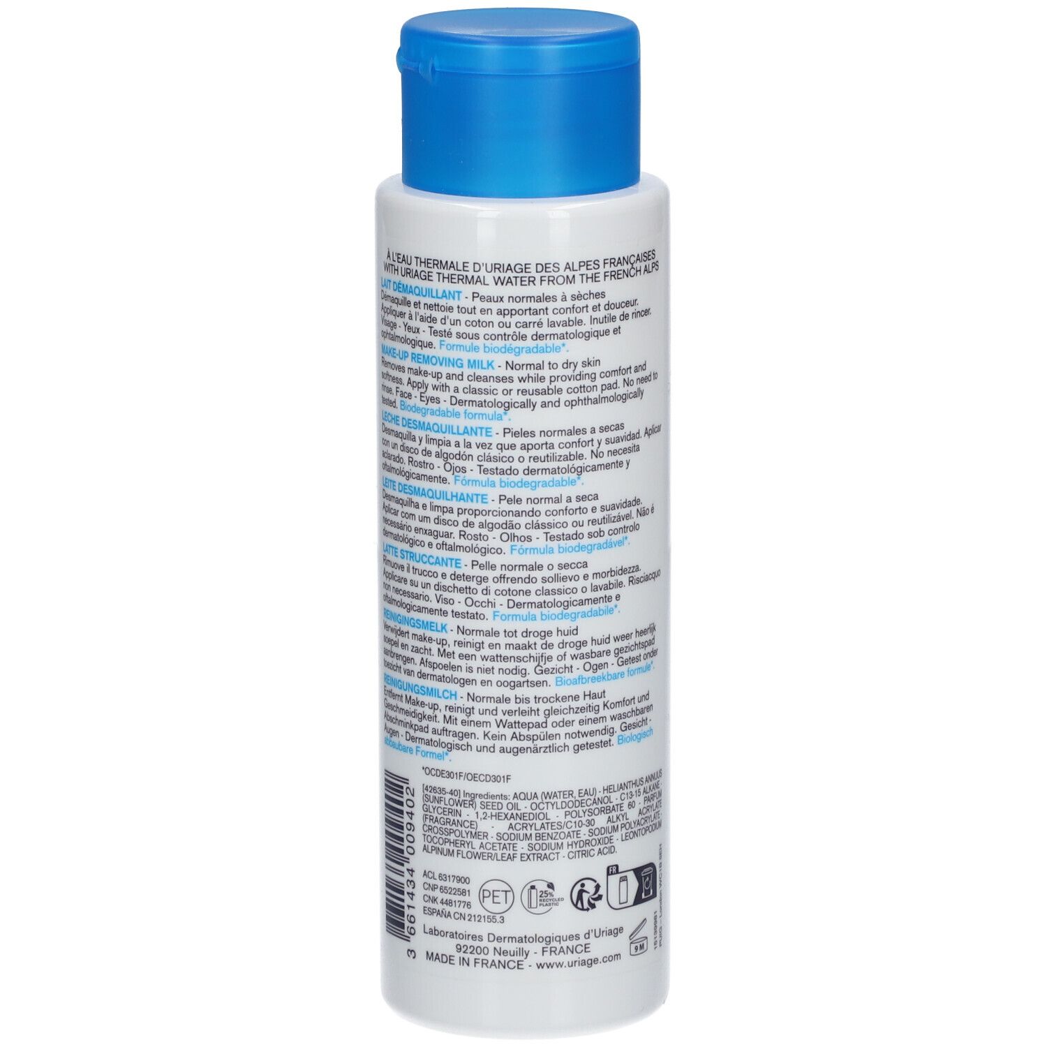 Rückseite der weißen Flasche mit blauem Deckel. Text in mehreren Sprachen. Marke: URIAGE. 250ml.