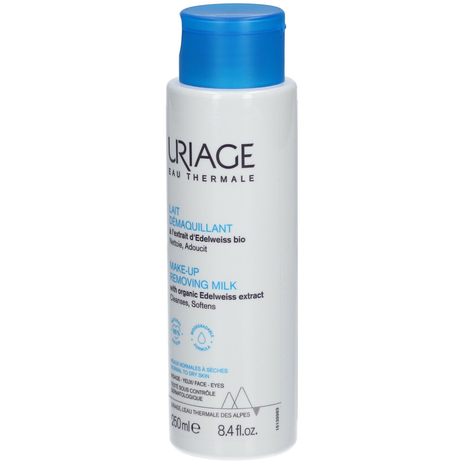 Weiße Flasche mit blauem Deckel. Aufschrift: URIAGE, Lait Demaquillant, Make-up Removing Milk. 250ml.