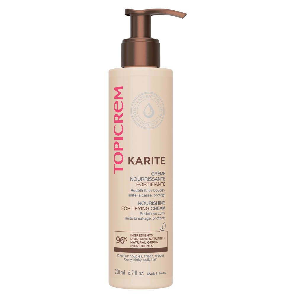 TOPICREM KARITE Creme. Flasche mit Pumpverschluss. Aufschrift: Crème Nourrissante Fortifiante. 96% Inhaltsstoffe natürlichen Ursprungs. 200ml.
