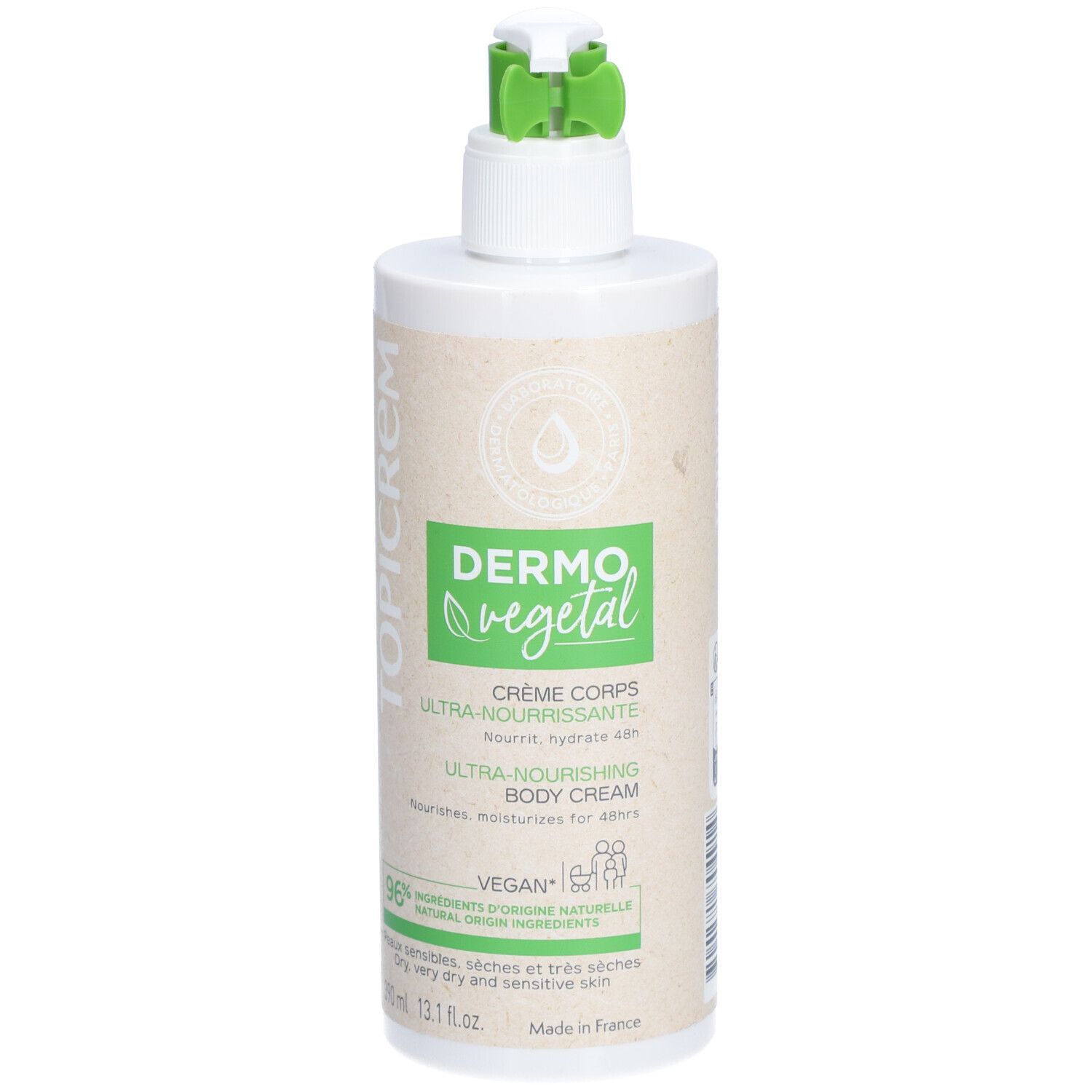 Weißer Spender mit grünem Pumpkopf. Aufschrift: DermoVegetal, Crème Corps, Ultra-Nourrissante, Ultra-Nourishing Body Cream.